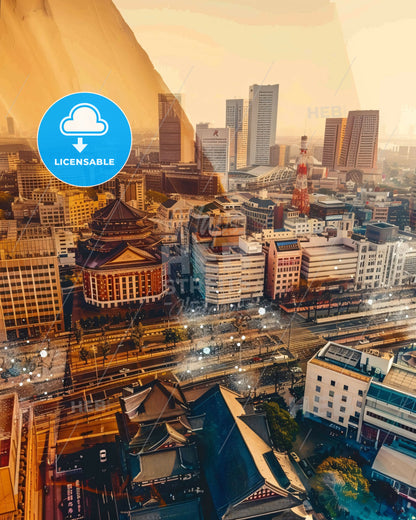 Yokohama Skyline Glow Double Exposure Art - A city with many buildings