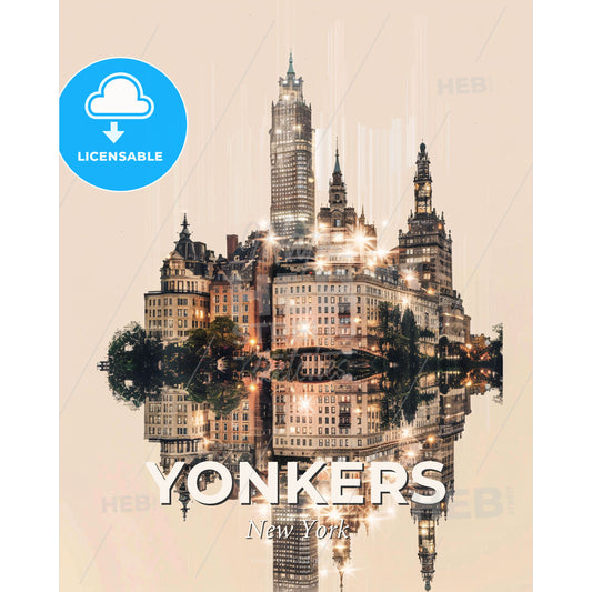 Yonkers Panorama Composite Art Cityscape Iconography - A city with many buildings and a reflection of it - Square format print template