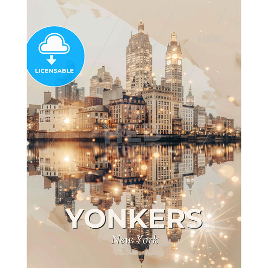 Yonkers: Skyline And Architecture Composite - A city skyline with lights reflecting in water - Square format print template