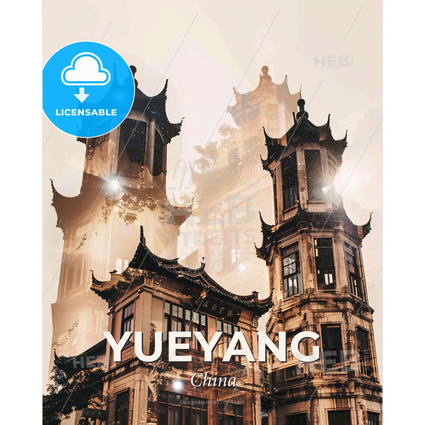 Yueyang Skyline Double Exposure Poster Art - A double exposure of a building - Square format print template
