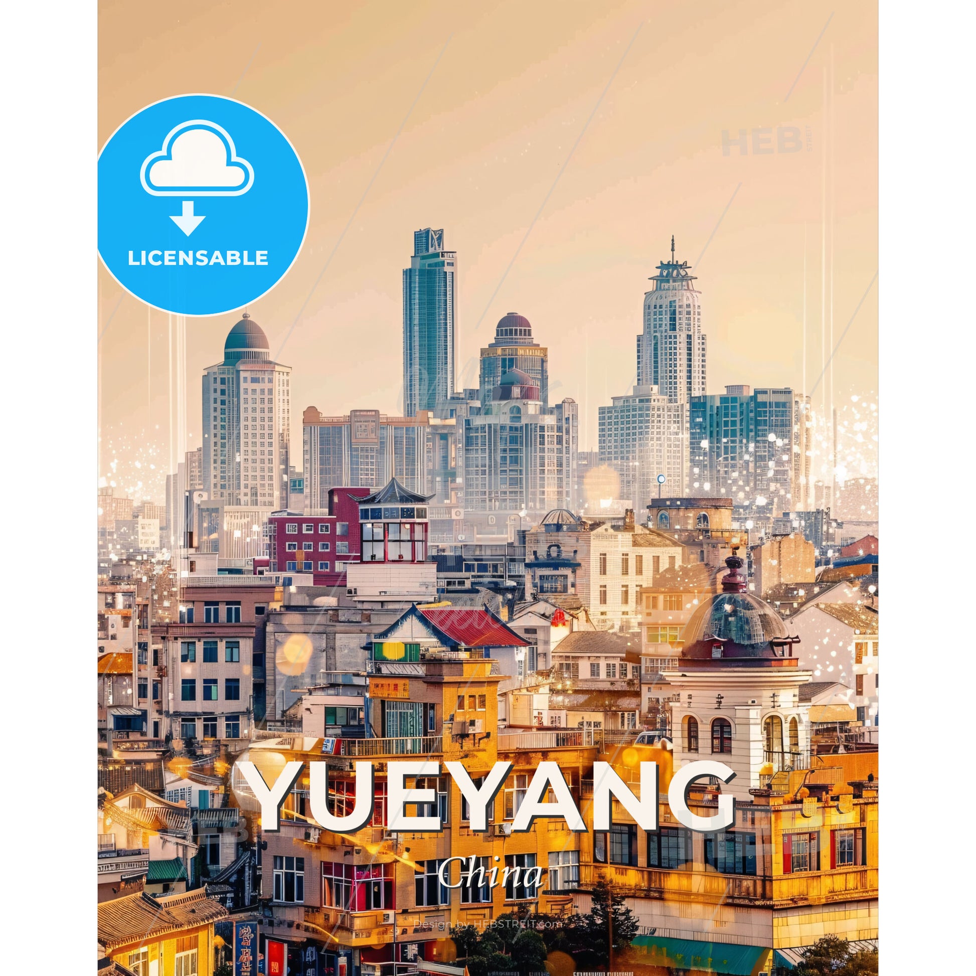 Yueyang City Iconography Double Exposure Skyline Poster - A city with many buildings - Square format print template
