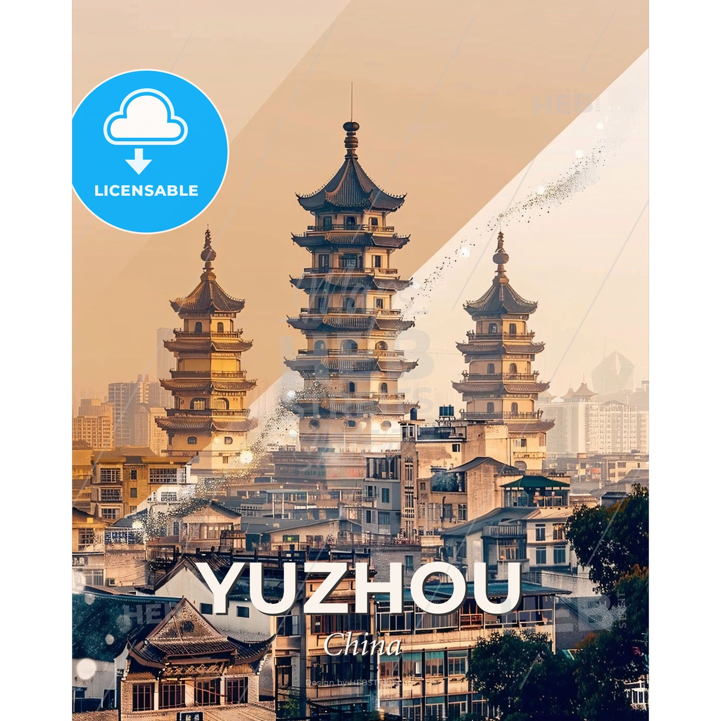 Yuzhou Skyline Double Exposure Art Poster - A group of buildings with towers - Square format print template