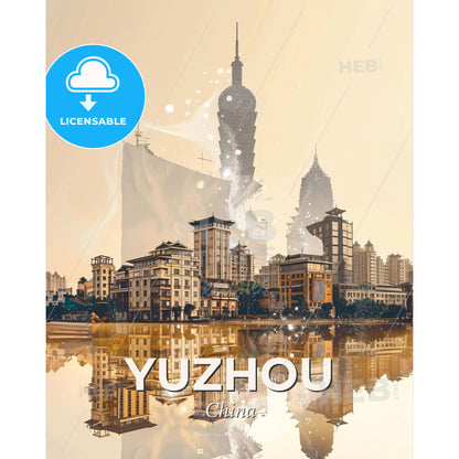Yuzhou Skyline Double Exposure Poster Art - A city with a large building in the background - Square format print template