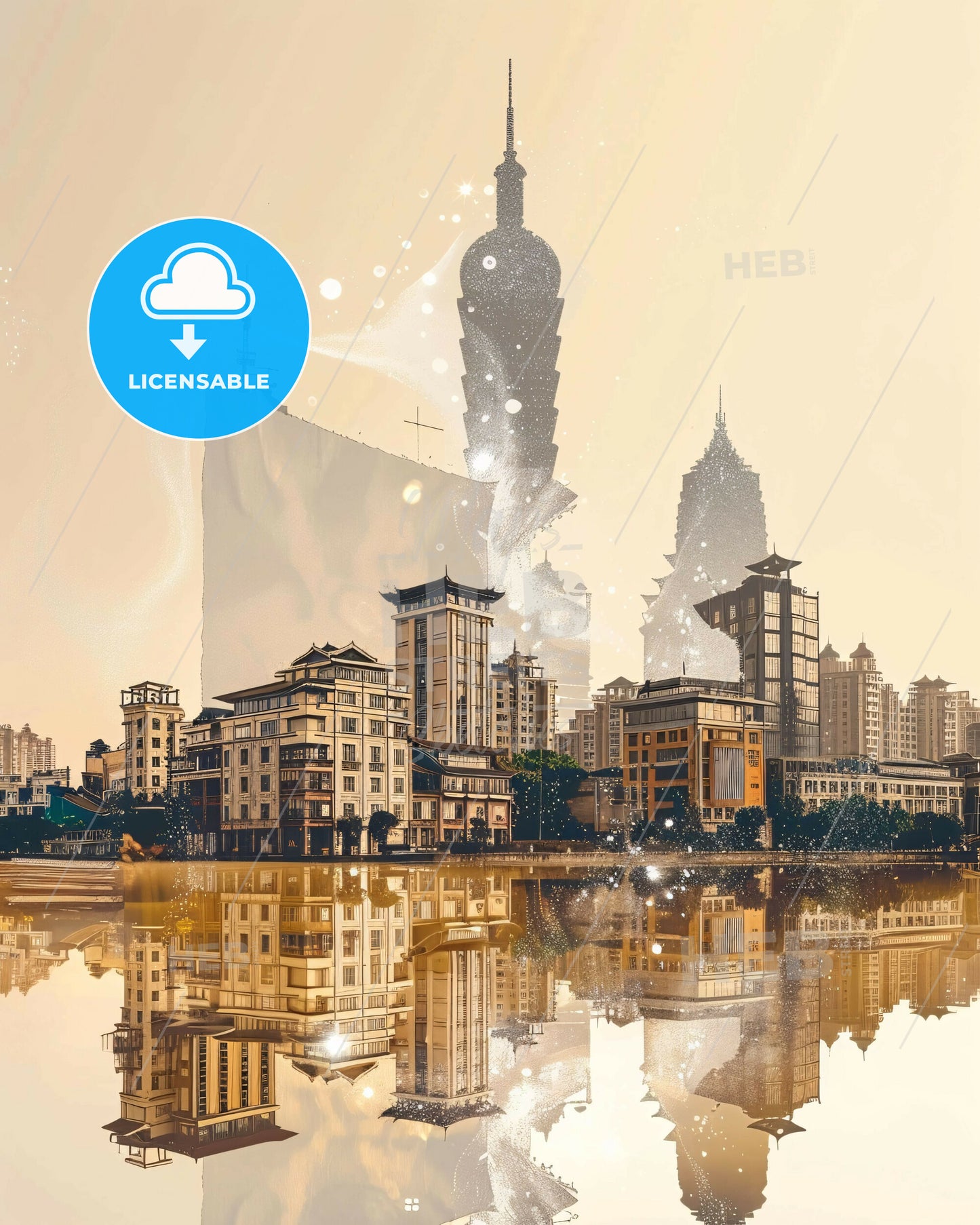 Yuzhou Skyline Double Exposure Poster Art - A city with a large building in the background