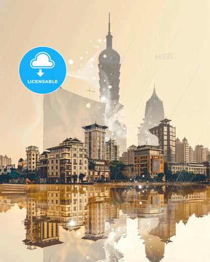 Yuzhou Skyline Double Exposure Poster Art - A city with a large building in the background