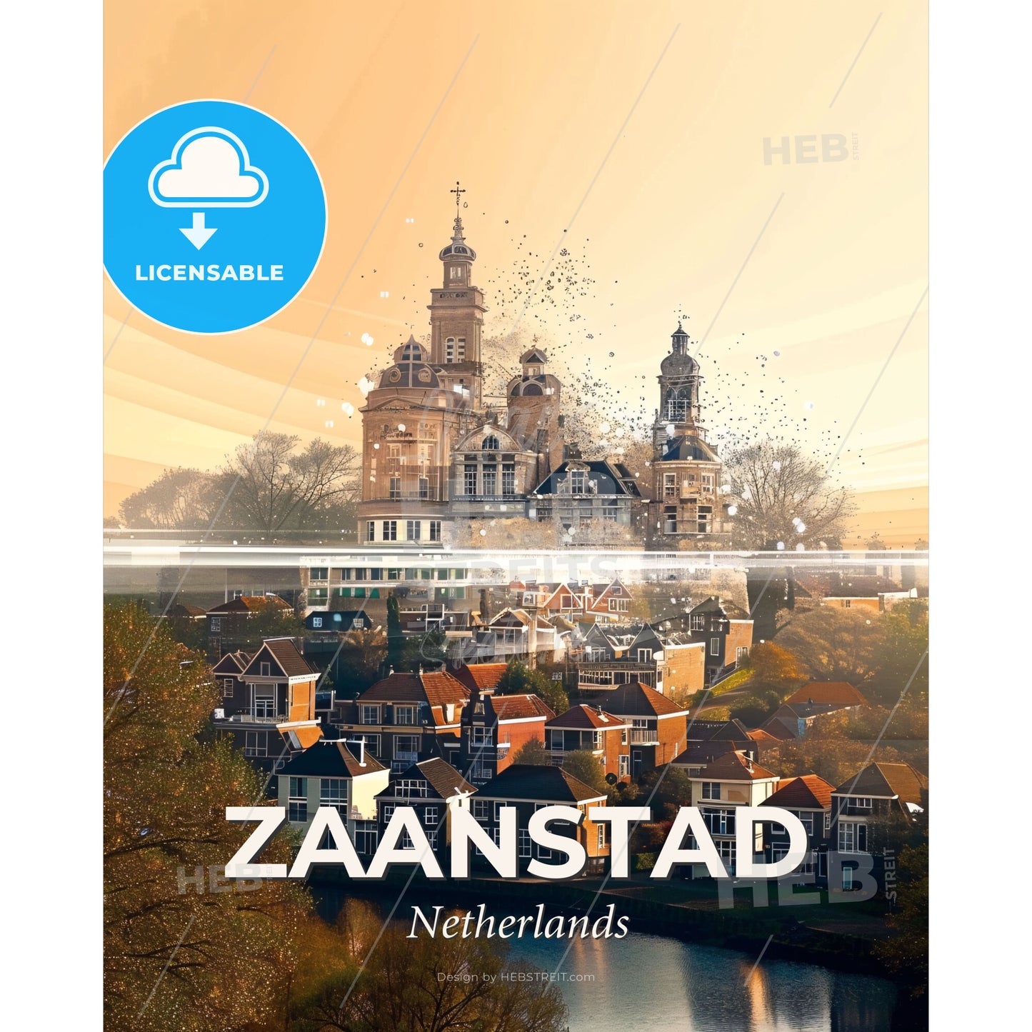 Zaanstad, Netherlands: Double Exposure City Skyline Art - A building with a tower and a city - Square format print template