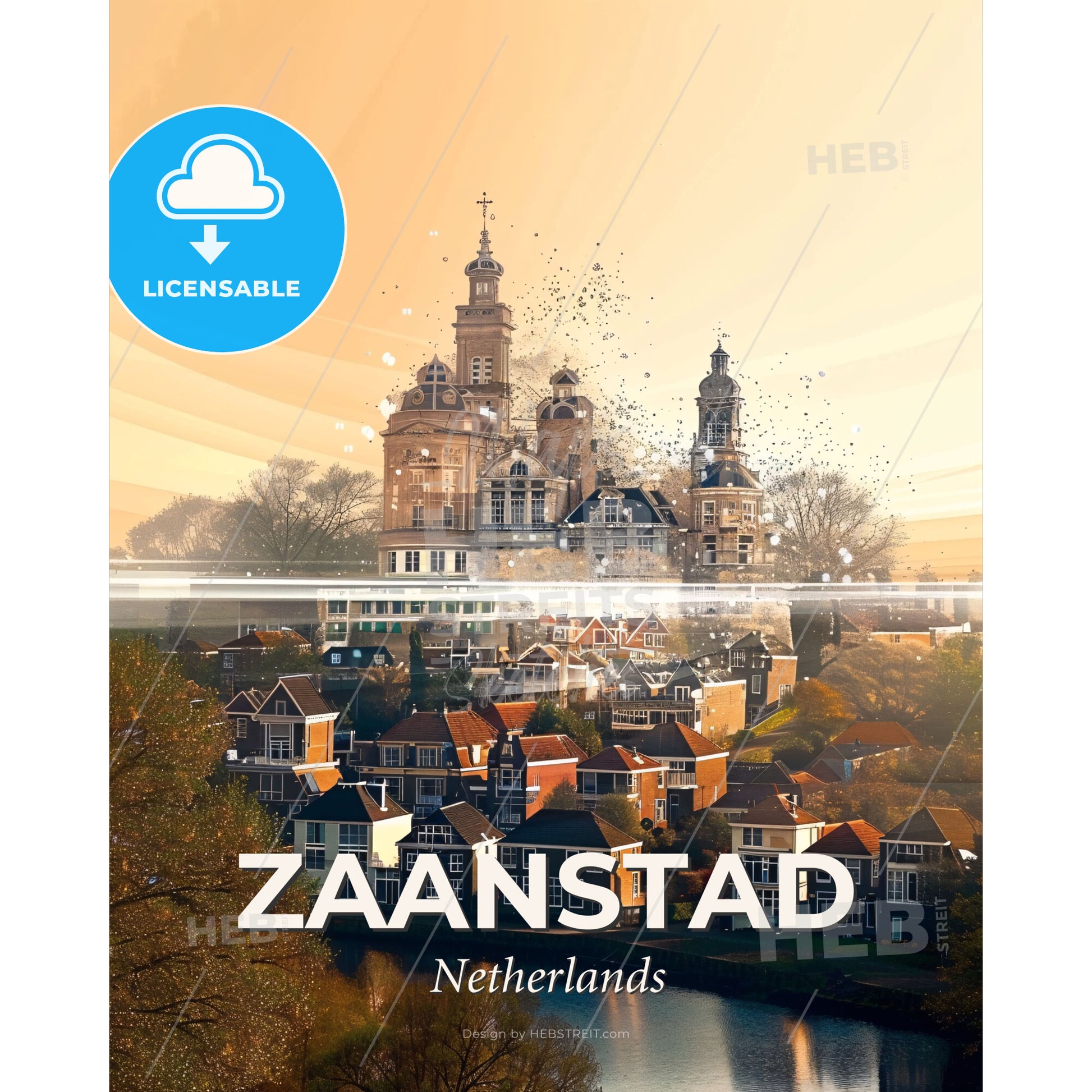 Zaanstad, Netherlands: Double Exposure City Skyline Art - A building with a tower and a city - Square format print template