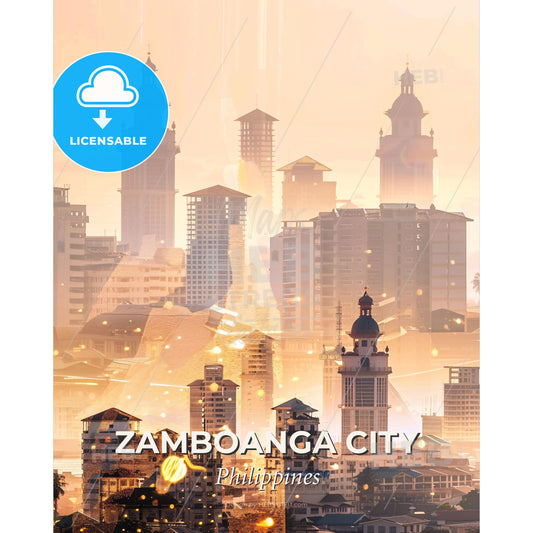 Zamboanga City: Double Exposure Skyline Art - A city skyline with many tall buildings - Square format print template