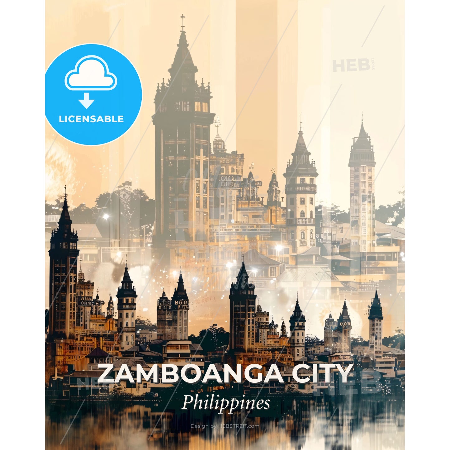 Zamboanga City Skyline Architecture Art Double Exposure - A city with towers and buildings - Square format print template