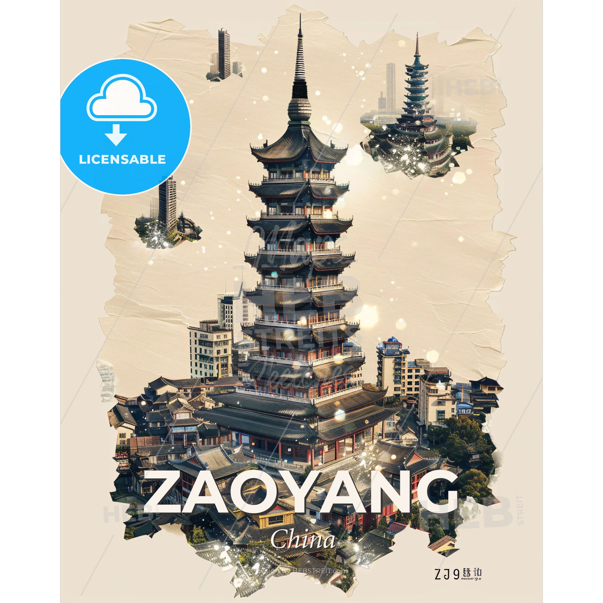 Zaoyang Tapestry Art Print: Illuminated Skyline Mosaic - A tall building with many towers - Square format print template