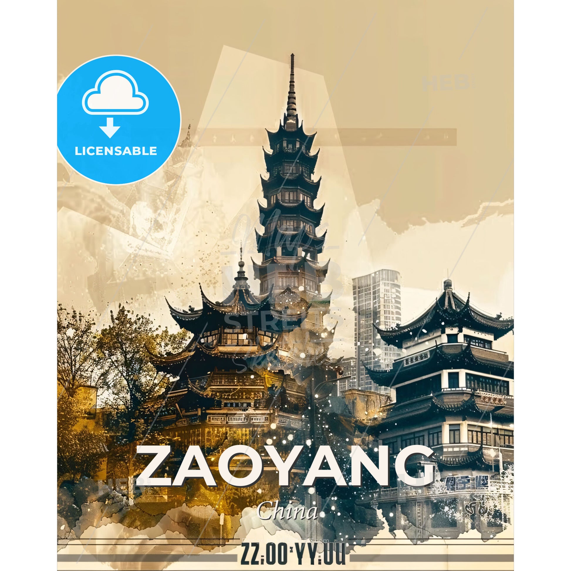 Zaoyang: Bright Beige City Skyline Composite Art - A city with buildings and a tall tower - Square format print template