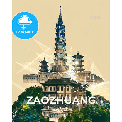 Zaozhuang Skyline Panorama, Double Exposure Composite Artwork - A building with a tall tower - Square format print template