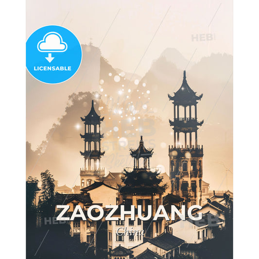 Zaozhuang Skyline Art: Double Exposure Magic - A group of buildings with towers - Square format print template