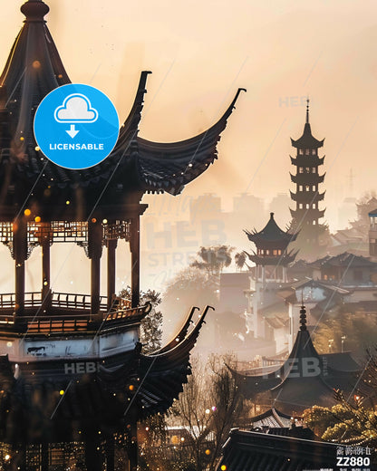 Zaozhuang Skyline Composite Art Minimalistic Poster - A pagoda and buildings in a city