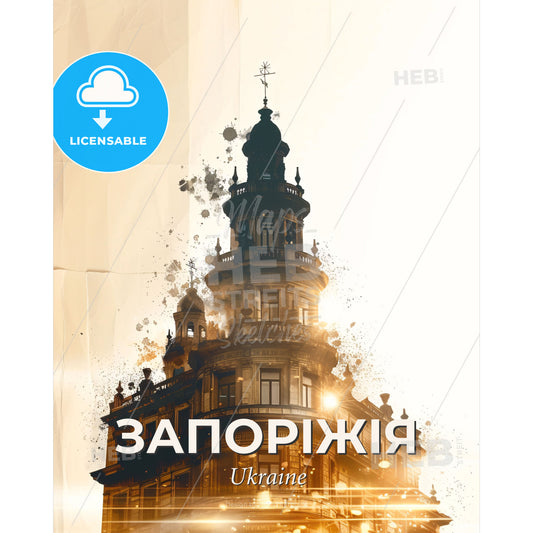 Zaporizhia Skyline Double Exposure Poster Art - A building with a tower - Square format print template