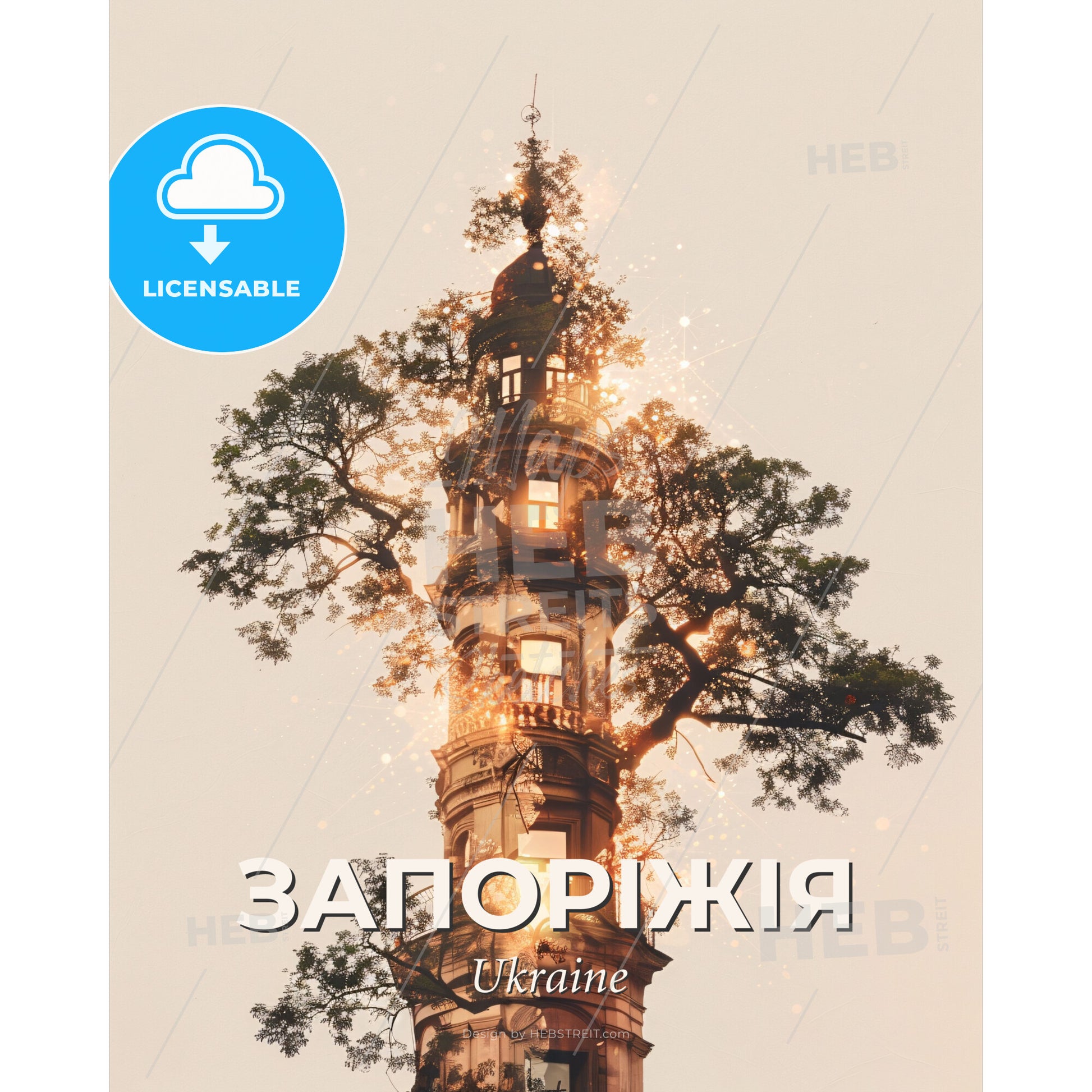 Zaporizhia City Skyline Composite Art Bright Paper Poster - A tall building with a tree in the middle - Square format print template