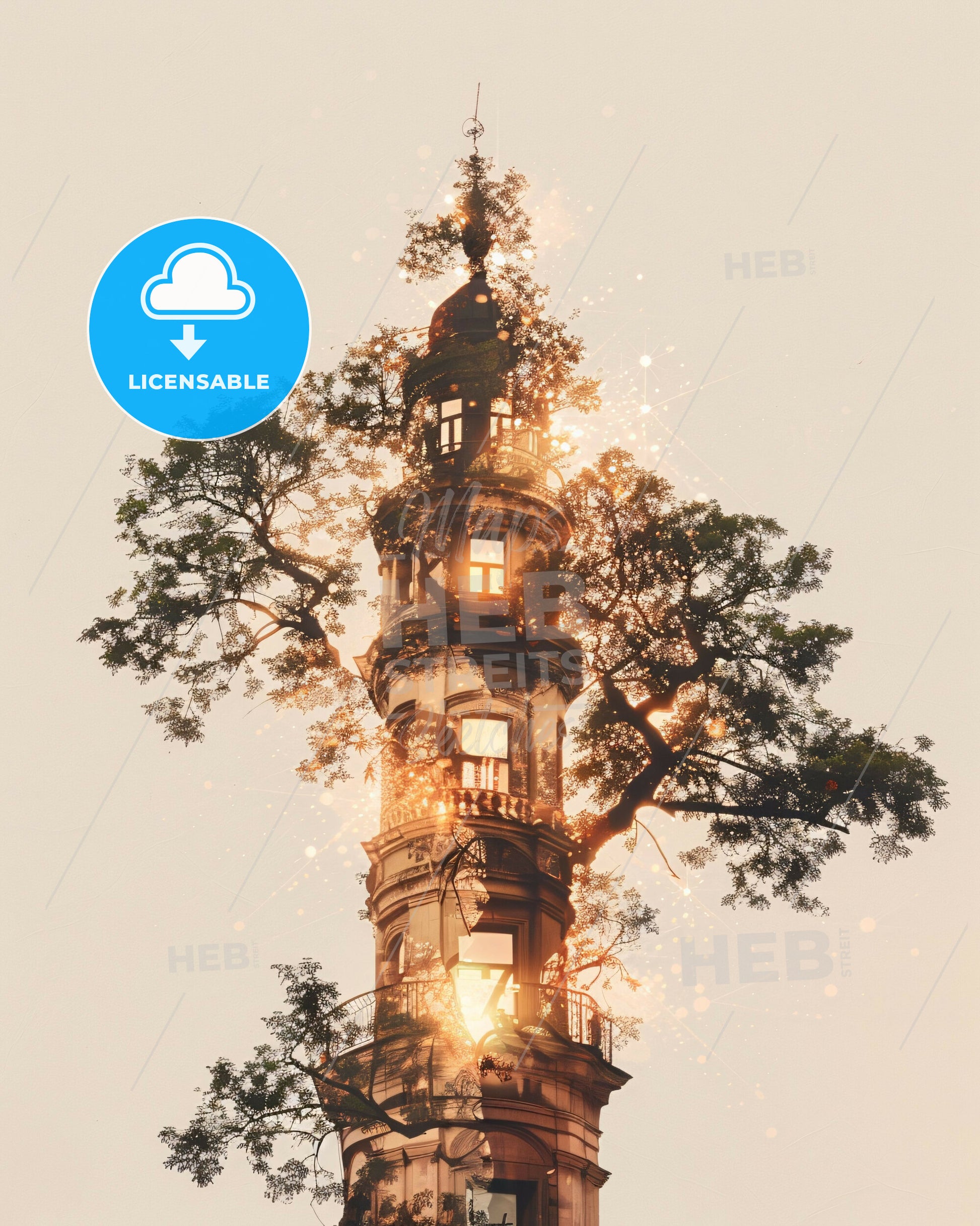 Zaporizhia City Skyline Composite Art Bright Paper Poster - A tall building with a tree in the middle