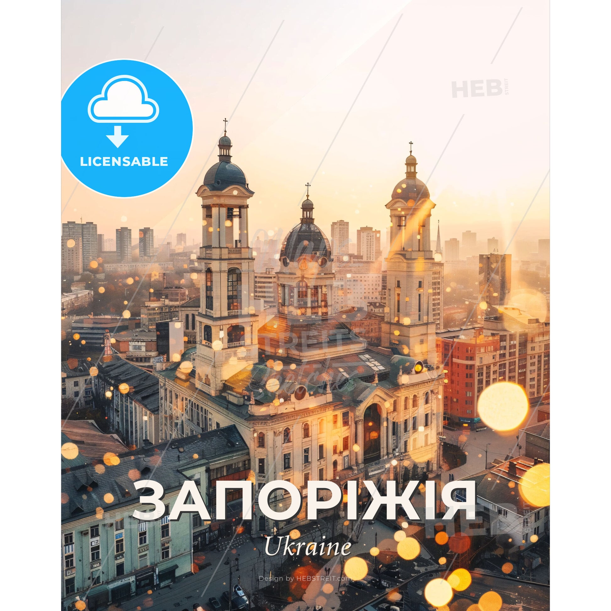 Zaporizhia City Lightscape Art Poster - A large building with towers and a city in the background - Square format print template