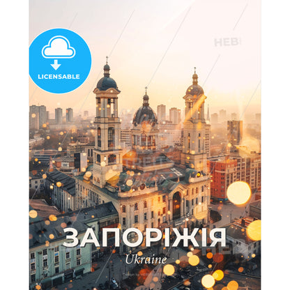 Zaporizhia City Lightscape Art Poster - A large building with towers and a city in the background - Square format print template