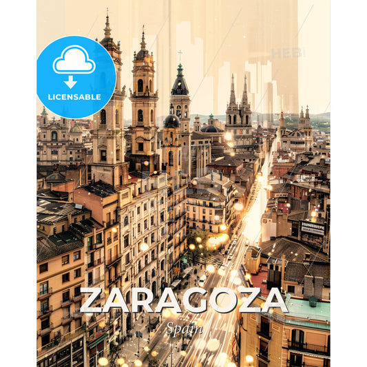 Zaragoza Remastered City Skyline Composite Art Print - A city with many buildings - Square format print template
