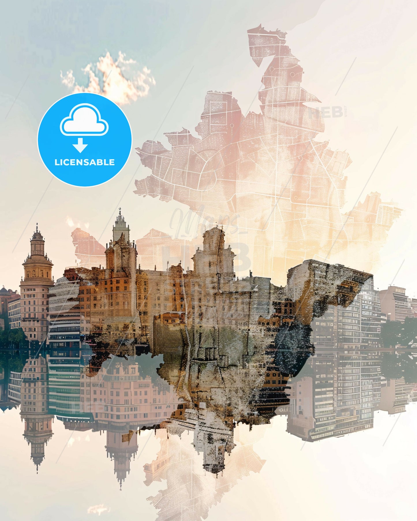 Zaragoza Skyline Double Exposure Composite Art - A city with a map and water