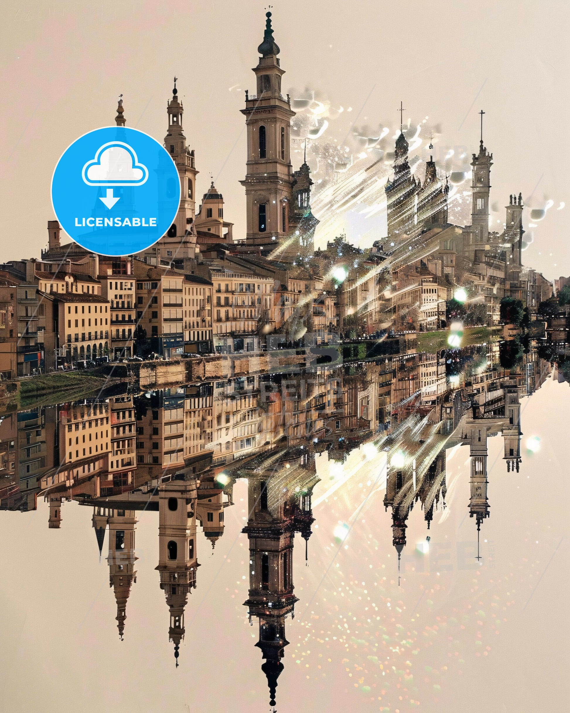 Zaragoza City Architecture Art Deco Skyline Composite - A city with towers and buildings reflected in water