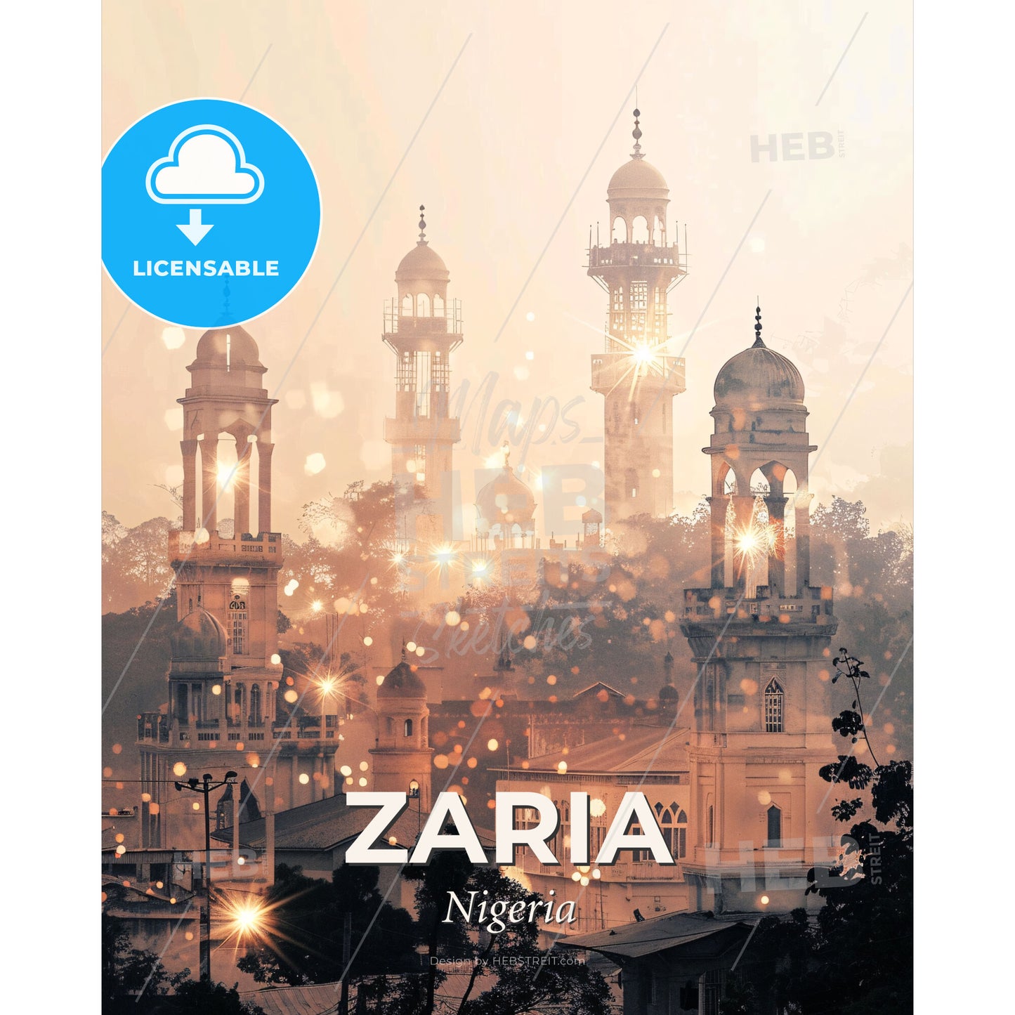 Zaria Skyline Double Exposure Art Poster - A group of buildings with towers and lights - Square format print template