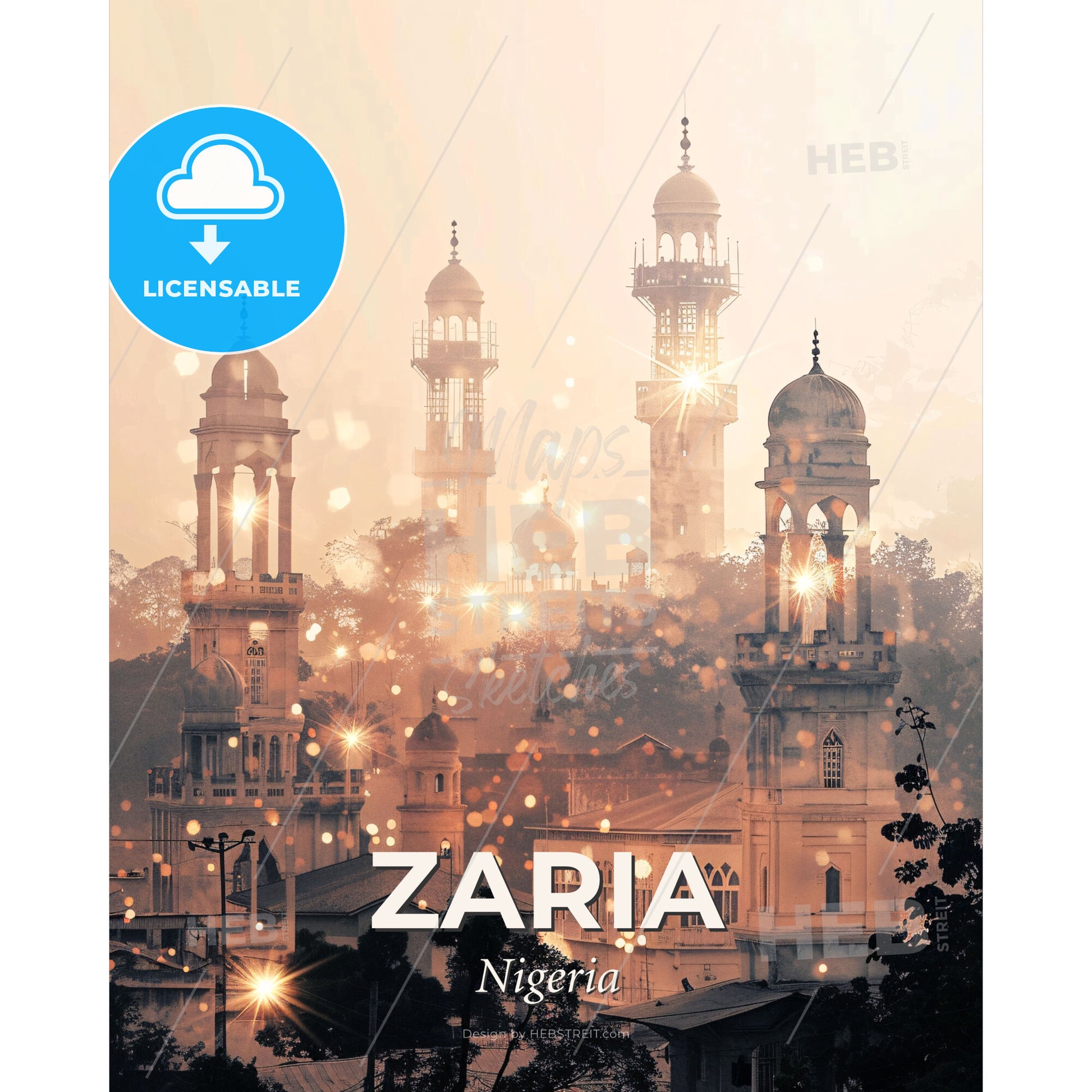 Zaria Skyline Double Exposure Art Poster - A group of buildings with towers and lights - Square format print template
