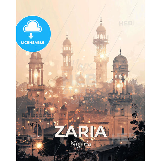 Zaria Skyline Double Exposure Art Poster - A group of buildings with towers and lights - Square format print template