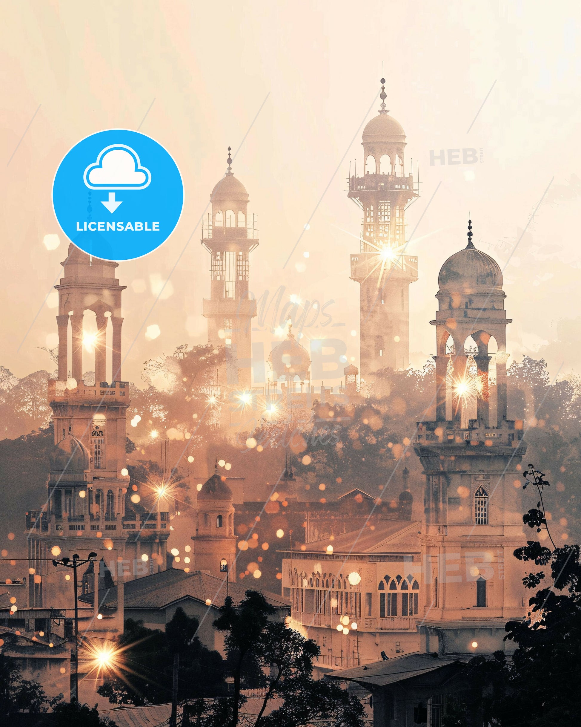 Zaria Skyline Double Exposure Art Poster - A group of buildings with towers and lights