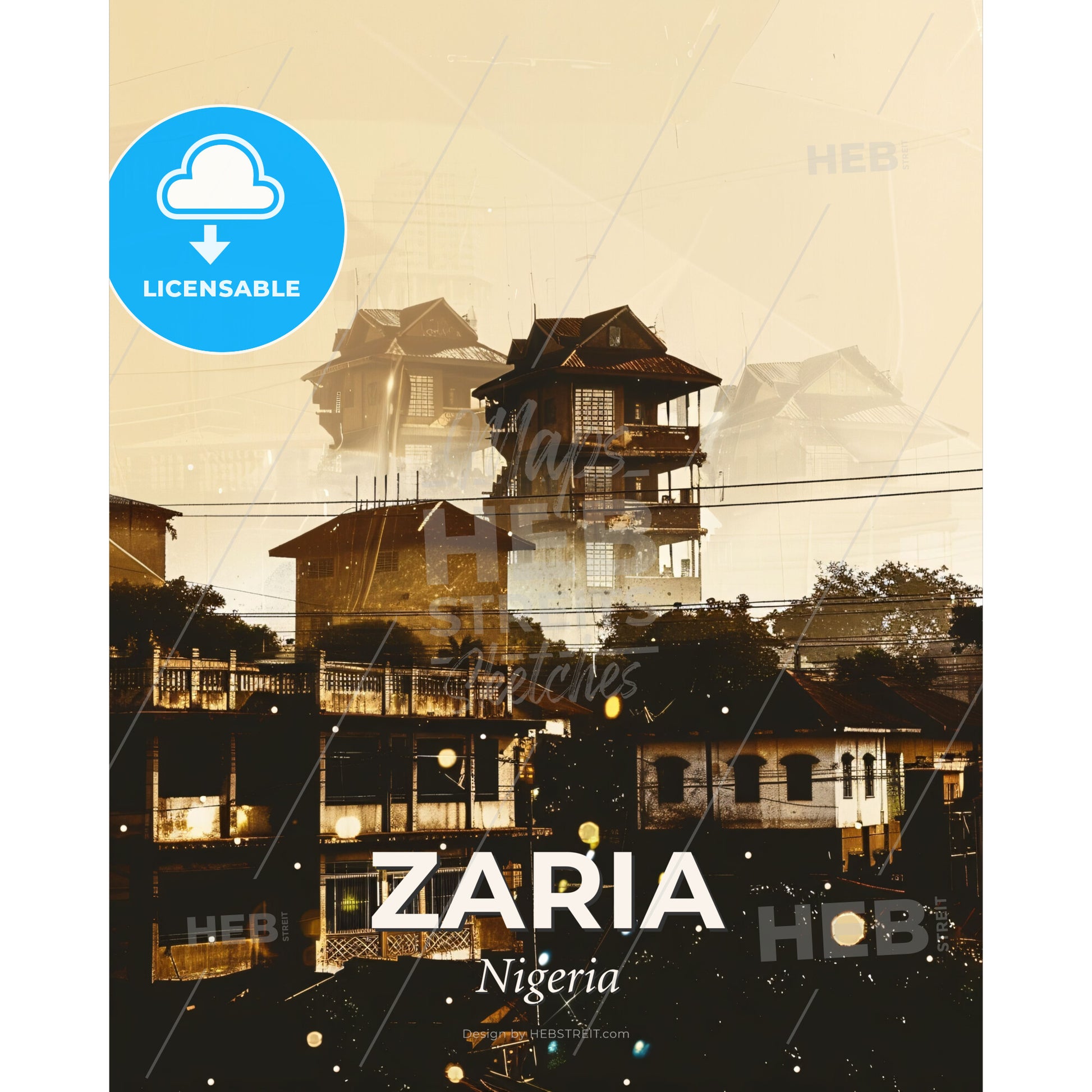 Zaria Skyline Double Exposure Art - A group of buildings with trees and power lines - Square format print template