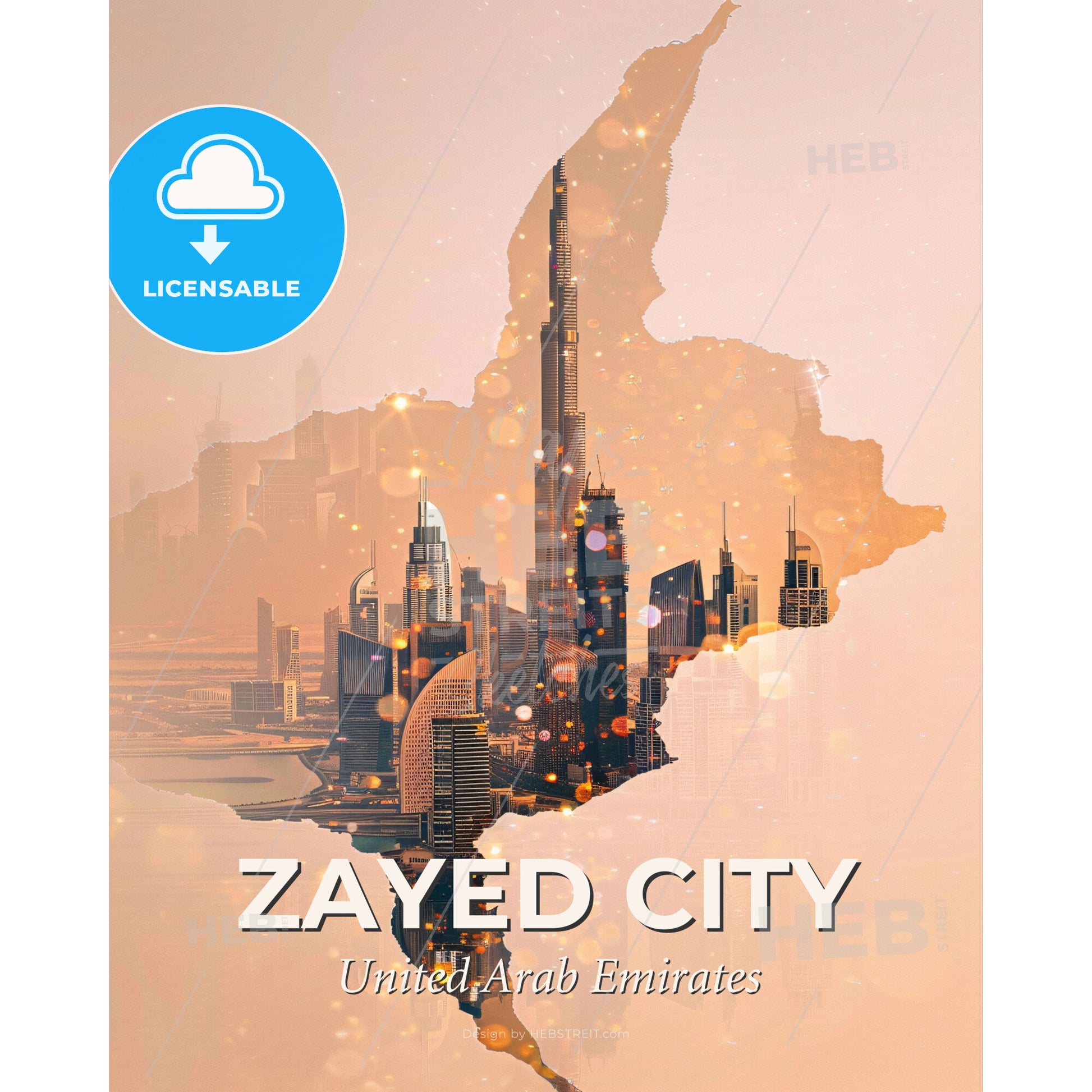 Zayed City Skyline Double Exposure Art - A cityscape with a large tower - Square format print template