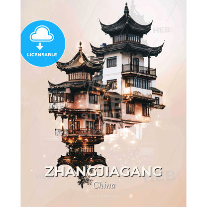 Zhangjiagang Skyline - Double Exposure Composite Art - A building with a pagoda roof - Square format print template