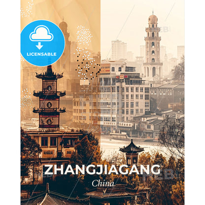 Zhangjiagang Skyline Art Print - A collage of a city - Square format print template