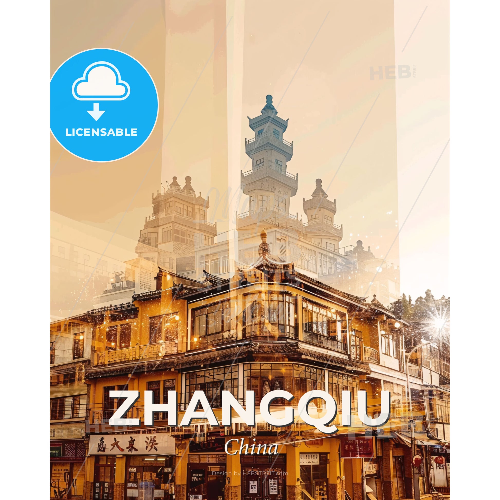 Zhangqiu Skyline Cityscape Composite Art Poster - A building with a tall tower - Square format print template