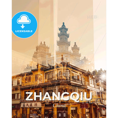 Zhangqiu Skyline Cityscape Composite Art Poster - A building with a tall tower - Square format print template