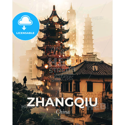 Zhangqiu Bright Beige Local Skyline Composite Art - A tall building with a tall tower in the background - Square format print template