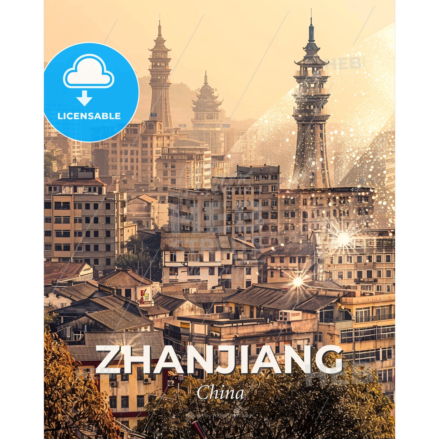 Zhanjiang Skyline Composite Art Poster - A city with many buildings and a tower - Square format print template