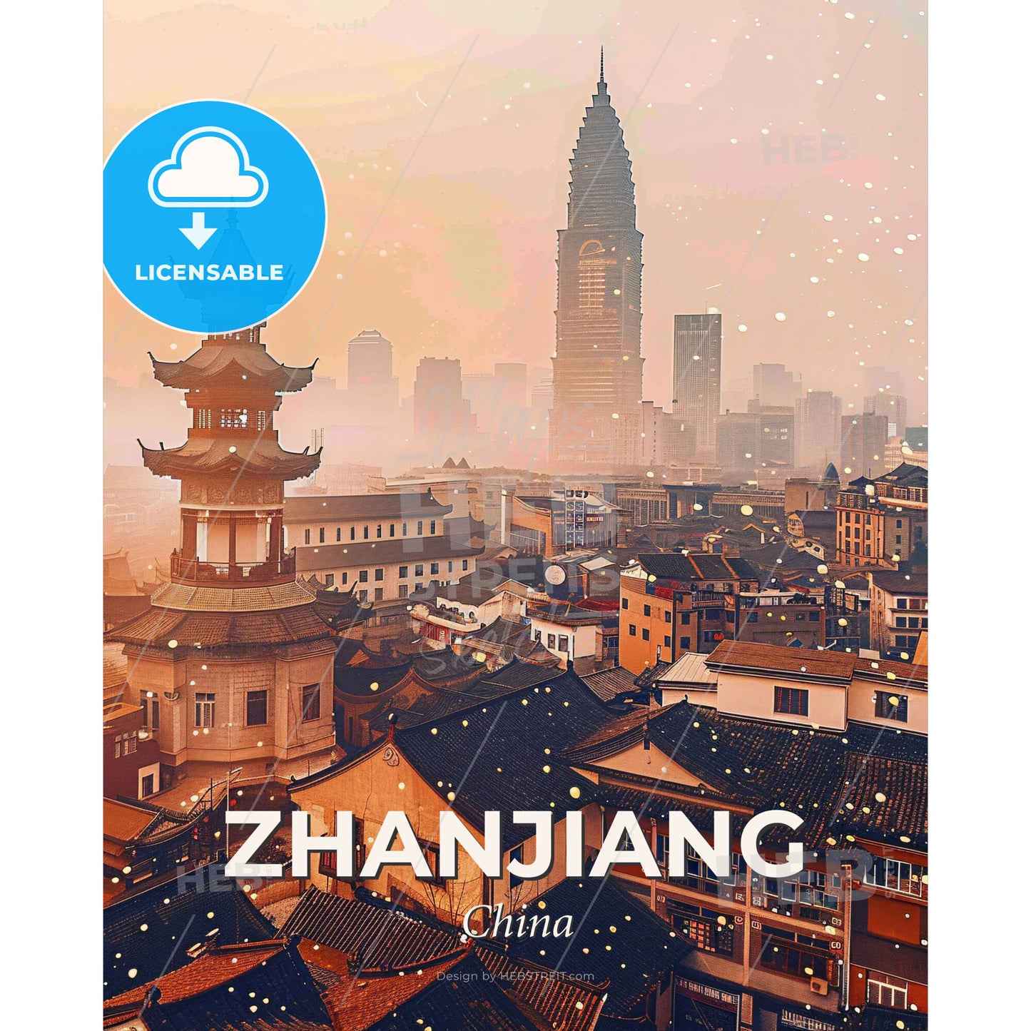 Zhanjiang Skyline Art: Local Icons, Bright Beige - A city with a tall tower - Square format print template