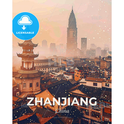 Zhanjiang Skyline Art: Local Icons, Bright Beige - A city with a tall tower - Square format print template