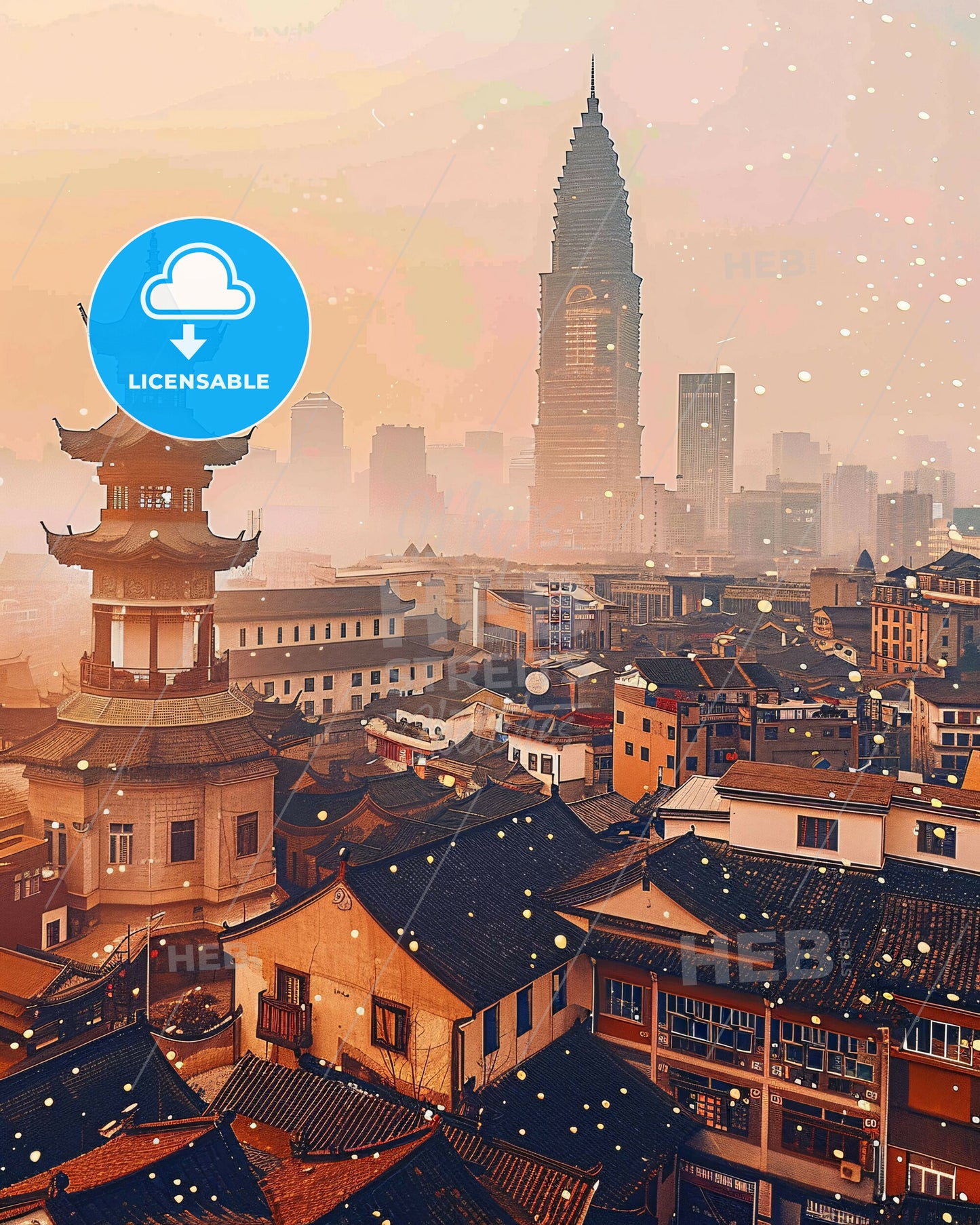 Zhanjiang Skyline Art: Local Icons, Bright Beige - A city with a tall tower