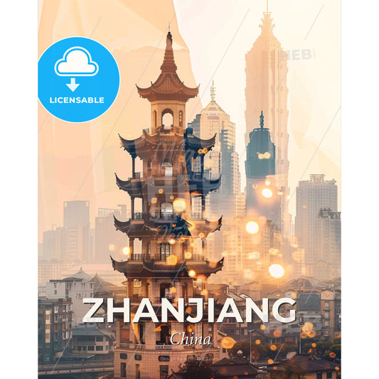Zhanjiang Skyline Composite Art Bright Beige Sparkle Poster - A tall pagoda tower in a city - Square format print template
