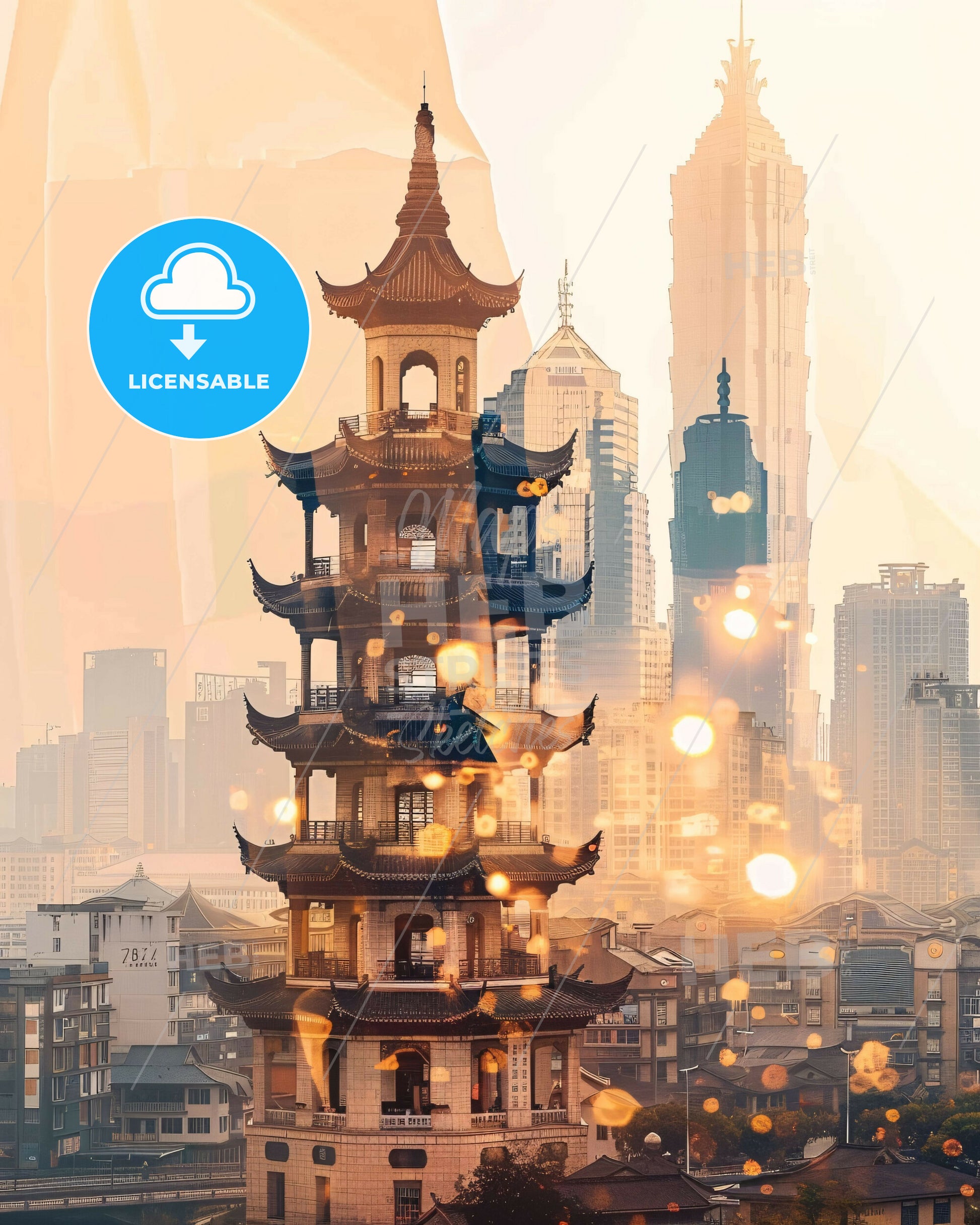 Zhanjiang Skyline Composite Art Bright Beige Sparkle Poster - A tall pagoda tower in a city
