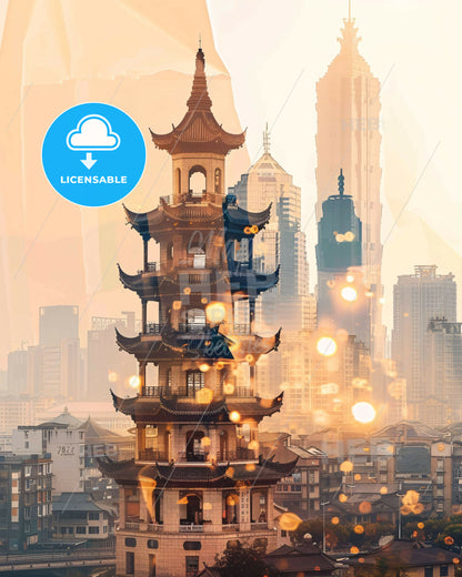 Zhanjiang Skyline Composite Art Bright Beige Sparkle Poster - A tall pagoda tower in a city