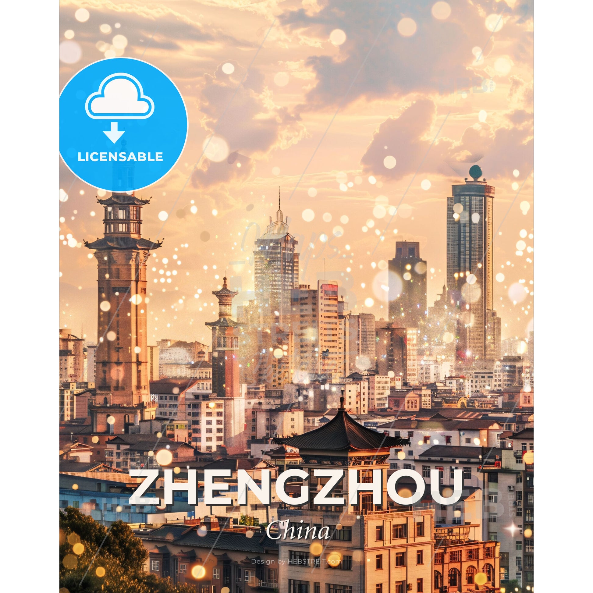 Zhengzhou Skyline Silhouette in Bright Beige - A city with many buildings - Square format print template