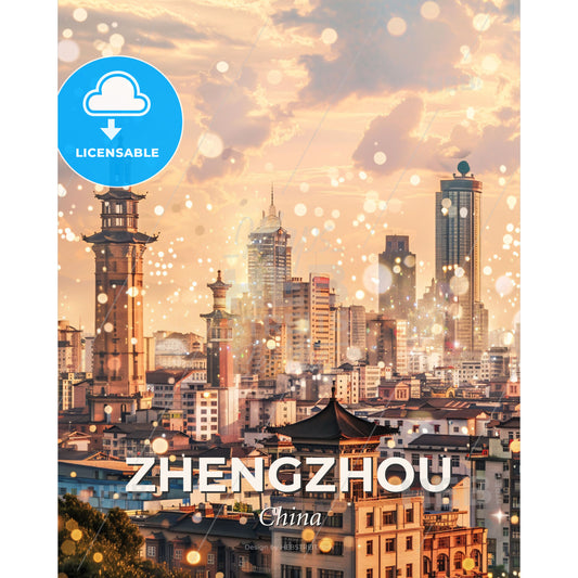 Zhengzhou Skyline Silhouette in Bright Beige - A city with many buildings - Square format print template