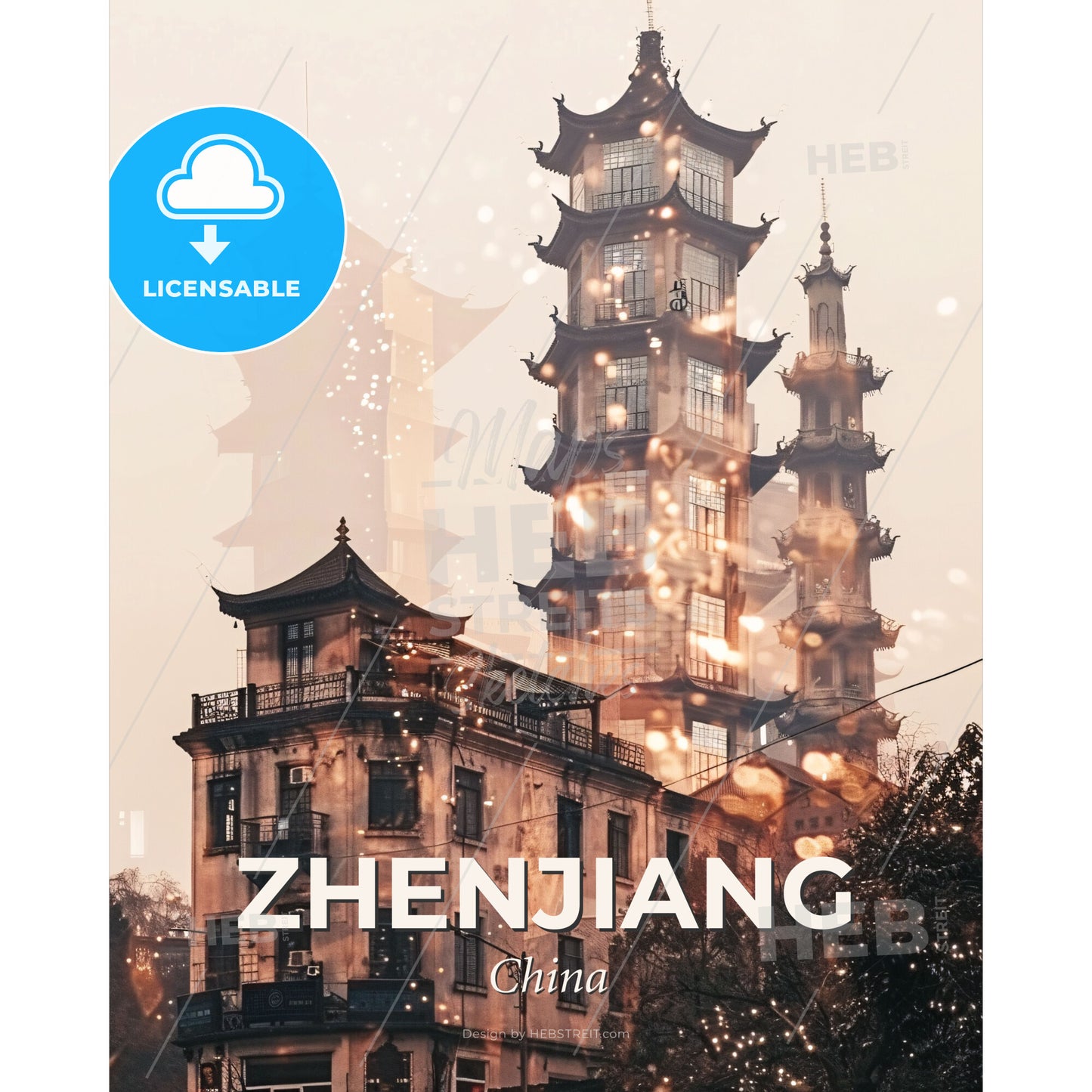 Zhenjiang Skyline Art Poster - A building with tall towers - Square format print template