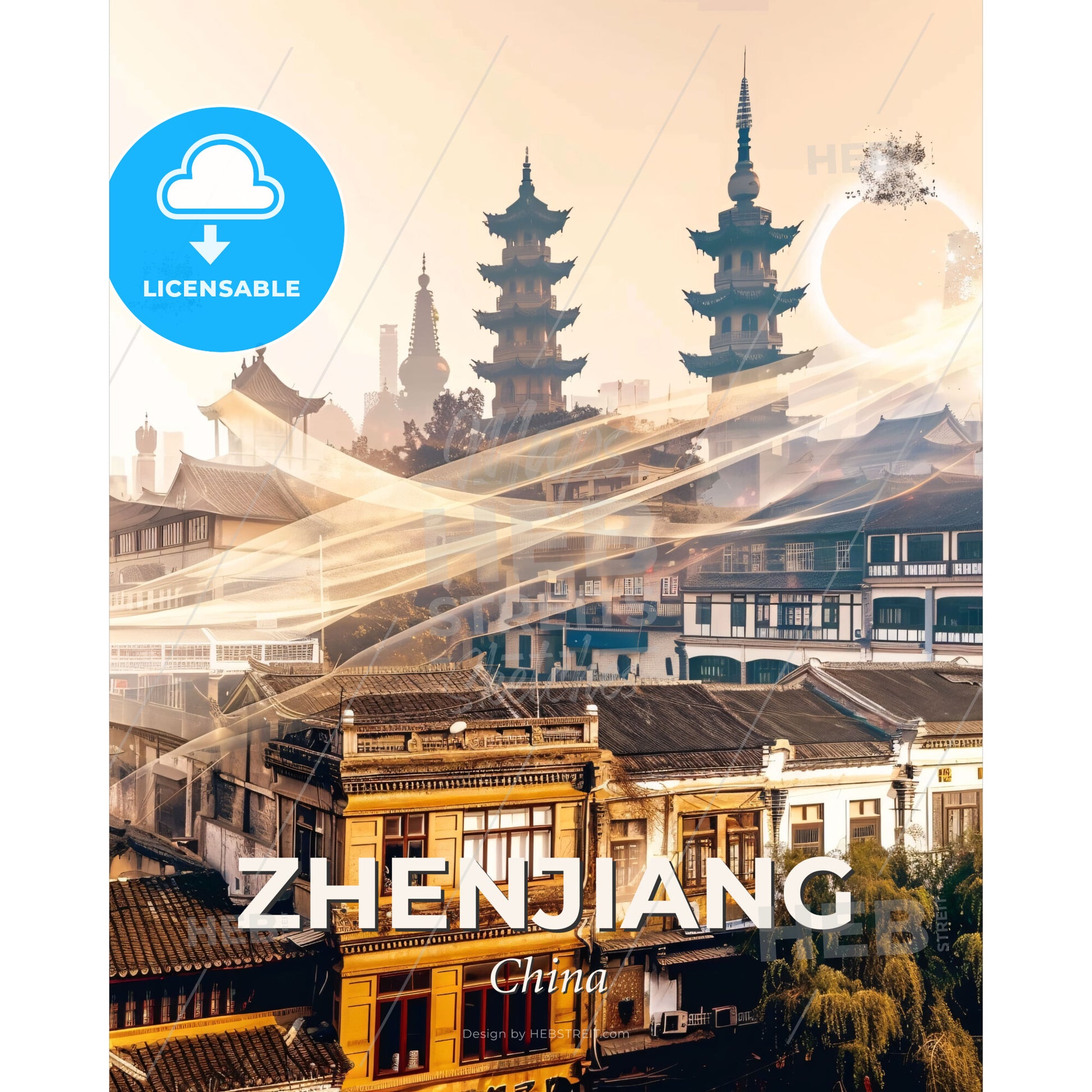 Zhenjiang Double Exposure Skyline Art Poster - A city with buildings and a light beam - Square format print template