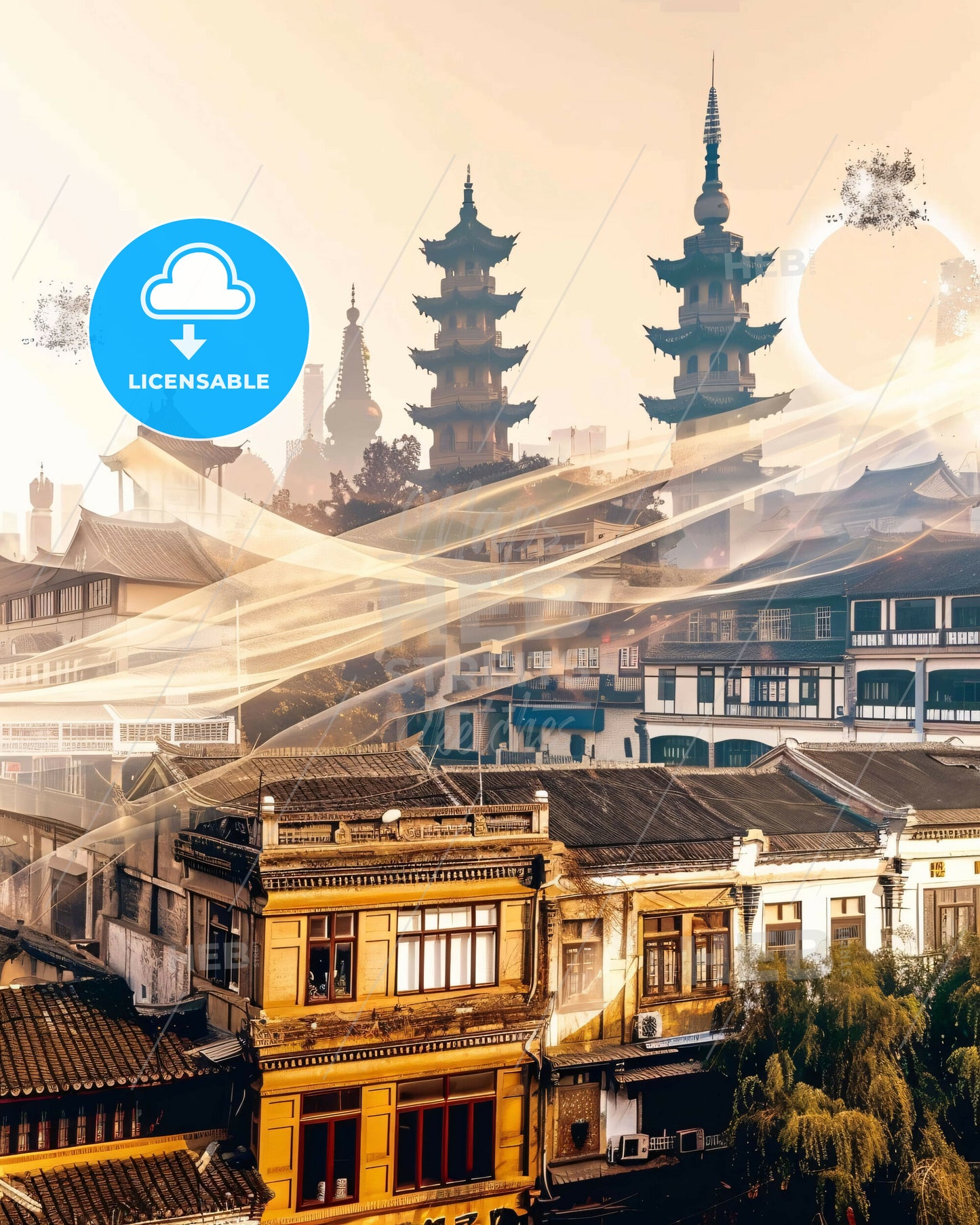 Zhenjiang Double Exposure Skyline Art Poster - A city with buildings and a light beam