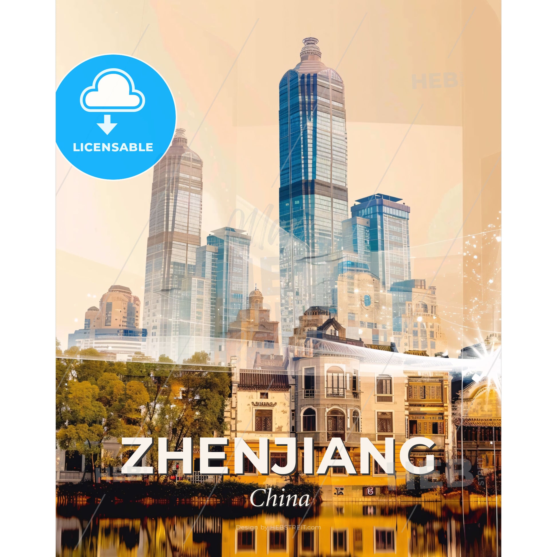 Zhenjiang Skyline Local Icons Poster - A city skyline with trees and buildings - Square format print template